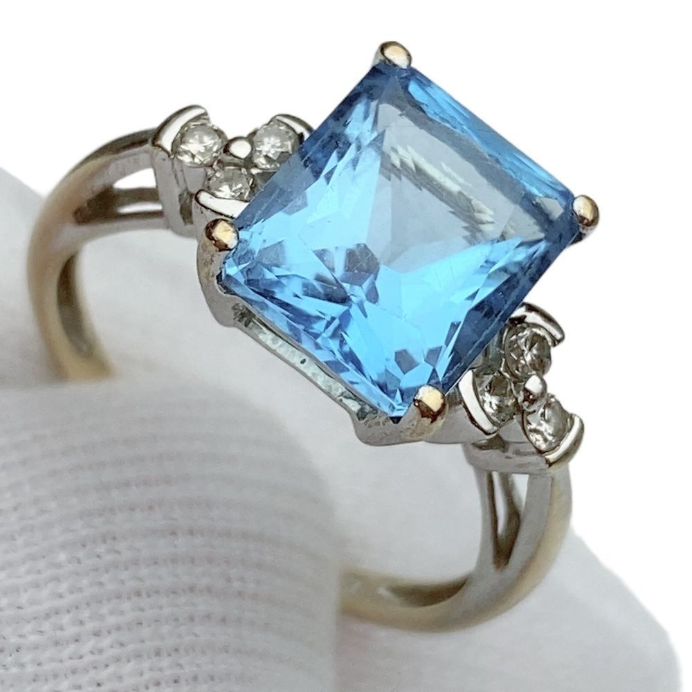 10k 10kt Karat Fine Solid White Gold Blue Topaz & Diamond Ring Women’s 6.5